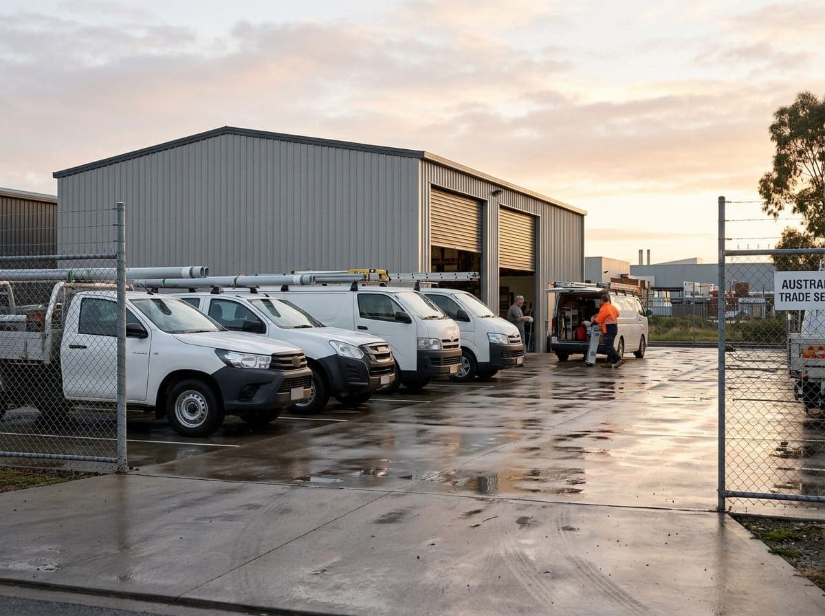 A row of white work utes parked outside a steel trade shed at dusk.